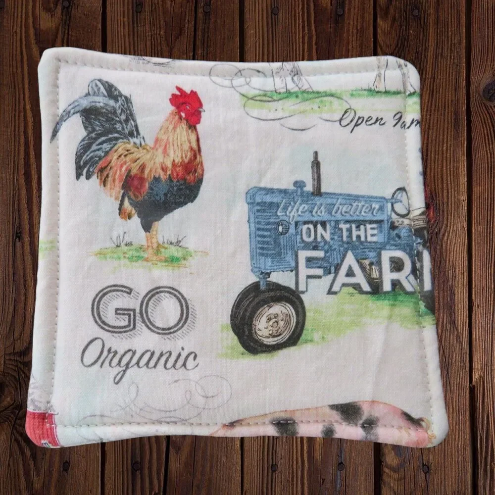 Fabric Coasters, Set Of 4, Farm Animal Reversible Country Floral Mug Rugs